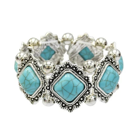 Gypsy Tribal Tibetan Bracelet für Damen & Herren – Boho Vintage Silber Turquoise Elastisches Bangle – Afghanisches, Türkisches, Ethnisches Indisches Schmuckstück
