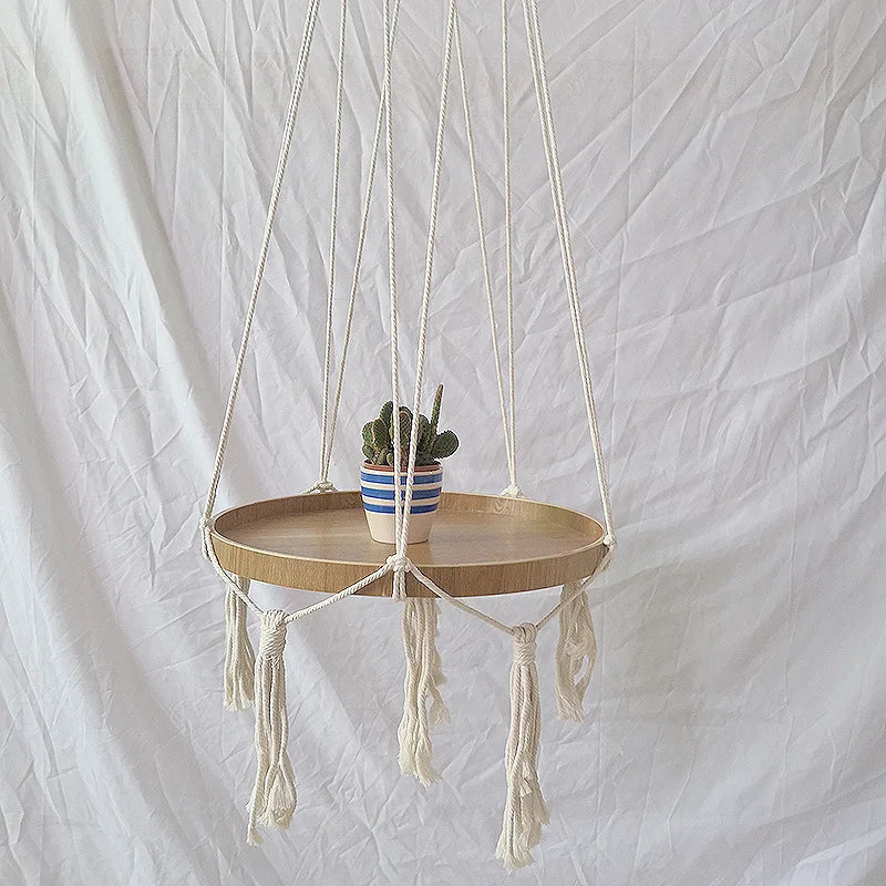 Handgefertigtes Makramee Regal – Boho Pflanzenhalter mit Holzplatte für Schlafzimmer & Heimdekoration