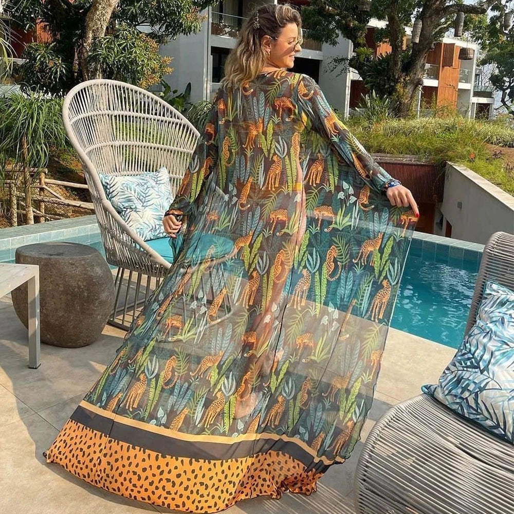 Bikini Beach Cover-Up Tunika mit Blätterdruck – Lange Kaftan Sarong Badeanzug Bedeckung für den Strand