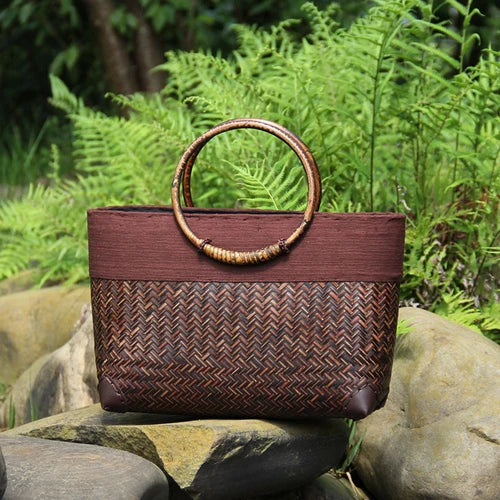 Handgefertigte Rattan-Tasche mit Holzgriff – Retro-Stil Damenhandtasche aus Bambus und Stroh für modebewusste Frauen