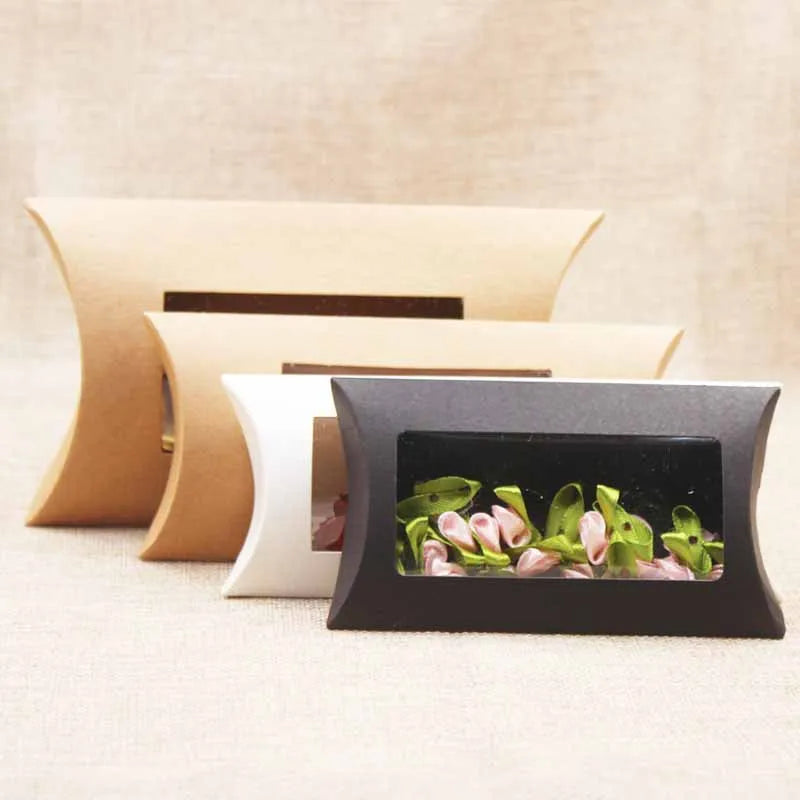 10er Set Pillow Window Box aus Karton (16x7x2,4 cm) in Braun/Weiß/Schwarz mit Klarsicht-PVC für Geschenke, Produkte und Favoriten