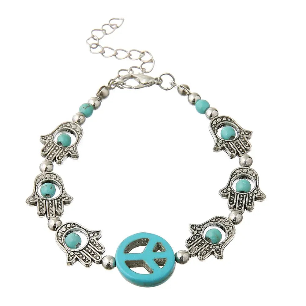 Gypsy Tribal Tibetan Bracelet für Damen & Herren – Boho Vintage Silber Turquoise Elastisches Bangle – Afghanisches, Türkisches, Ethnisches Indisches Schmuckstück