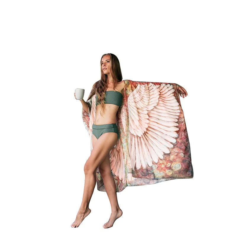 Boho Feather Wings Bikini Cover-up – Frauen Sommer Kimono Strandkleid Tunika für Urlaub und Schwimmbad