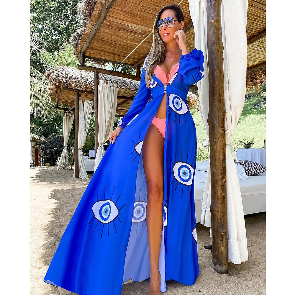Bikini Beach Cover-Up Tunika mit Blätterdruck – Lange Kaftan Sarong Badeanzug Bedeckung für den Strand