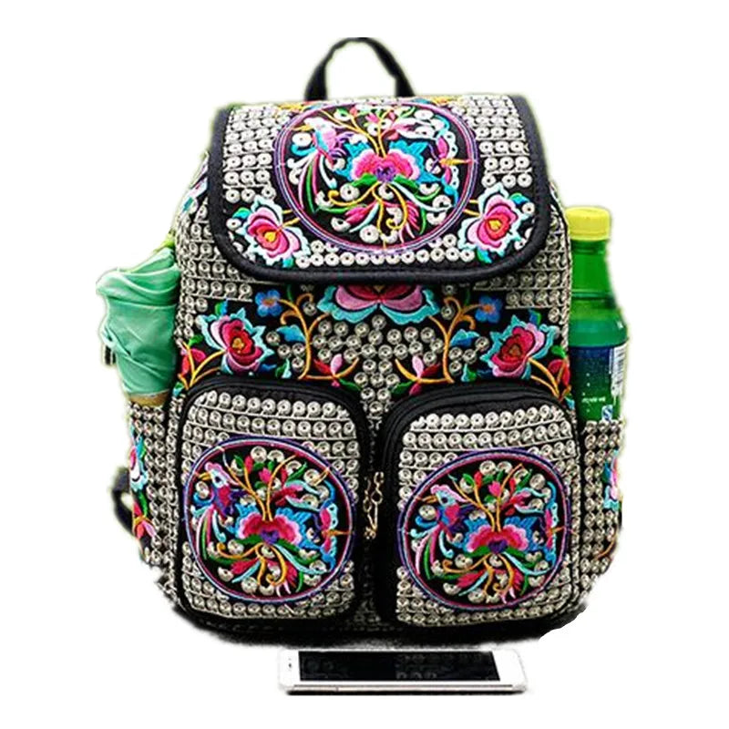 Vintage Floral Stickerei Canvas Rucksack für Damen – Casual Ethnischer Rucksack mit mehreren Taschen, Klappen-Schulranzen & Reisetasche