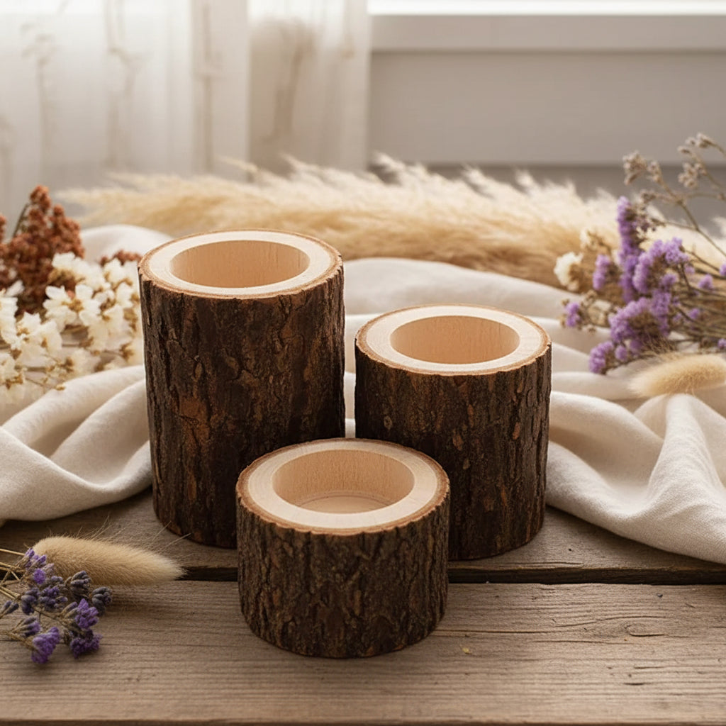 Boho Holz-Teelichthalter & Mini-Pflanzentöpfe „Natur pur“