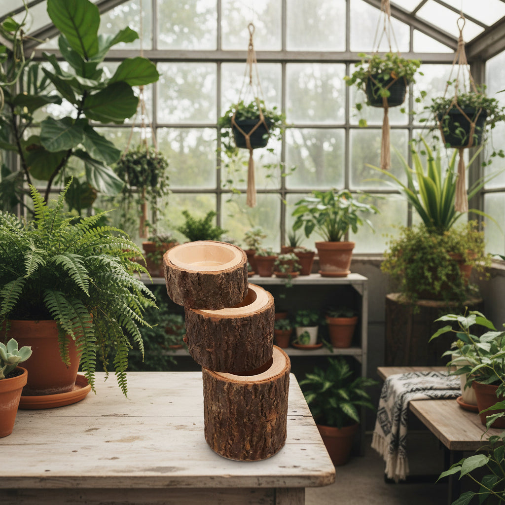 Boho Holz-Teelichthalter & Mini-Pflanzentöpfe „Natur pur“