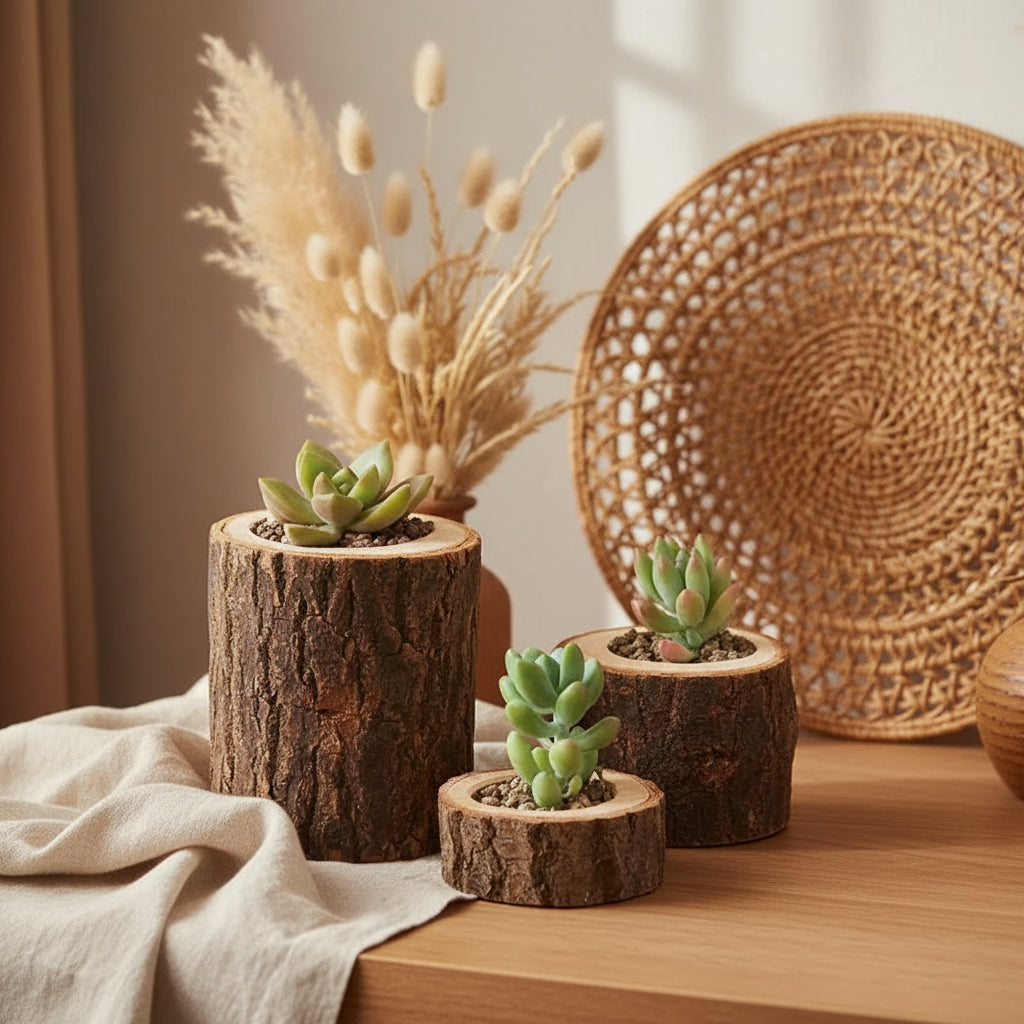 Boho Holz-Teelichthalter & Mini-Pflanzentöpfe „Natur pur“