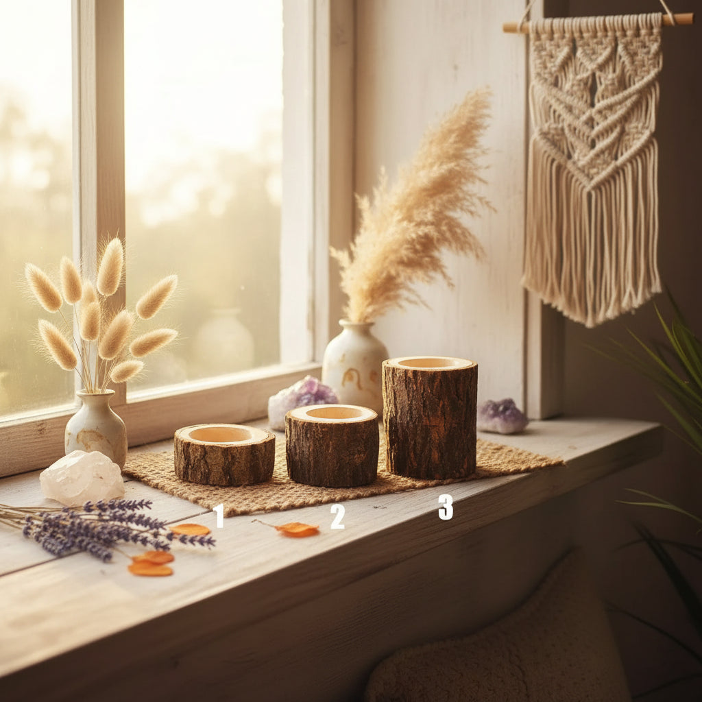 Boho Holz-Teelichthalter & Mini-Pflanzentöpfe „Natur pur“