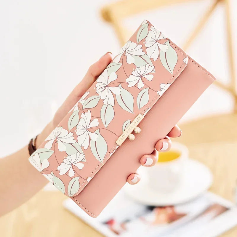 Stilvoller Damen-Geldbeutel mit Blumenmuster – Langer, 3-fach faltbarer Clutch mit großer Kapazität