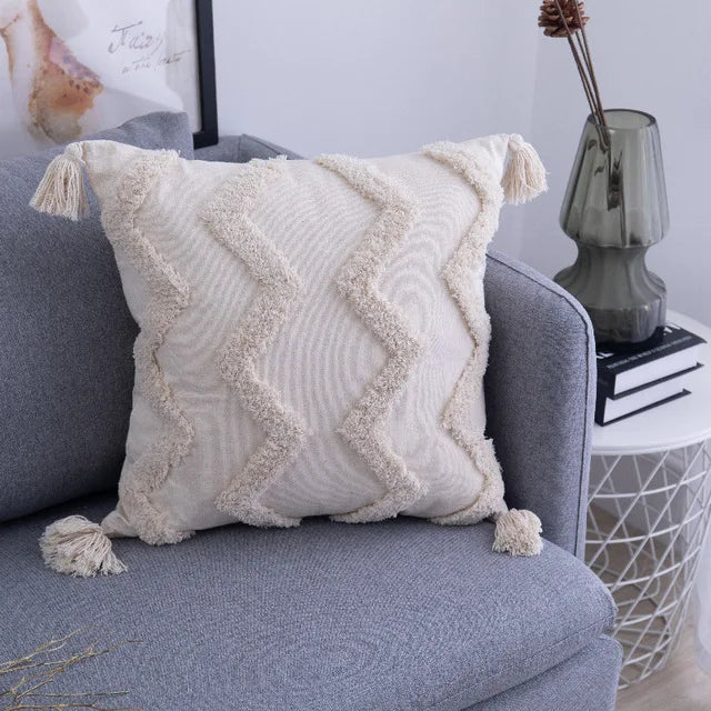 Boho Tassels Kissenbezug im Nordischen Stil – Marokkanische Baumwolle für Wohnzimmer & Sofa – Dekorative Kuschelkissenhülle