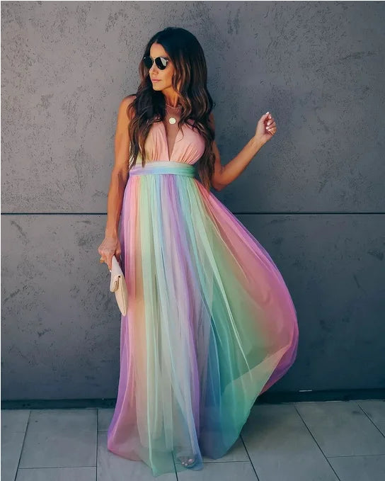 Sexy Deep V-Neck Rainbow Mesh Dress für Frauen – High Waist Sling Sommerkleid für Strand & Streetwear