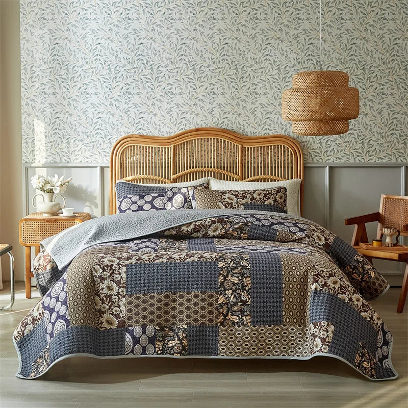 Boho Floral Patchwork Bettdecken-Set – Reversible Soft Bedding für Alle Jahreszeiten, Farmhouse & Garten Stil