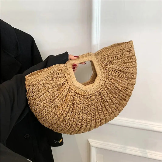 Sommer Stroh-Halfmoon-Handtasche für Damen – Handgefertigte Rattan-Tasche im Strandstil, Modisches Strick-Design