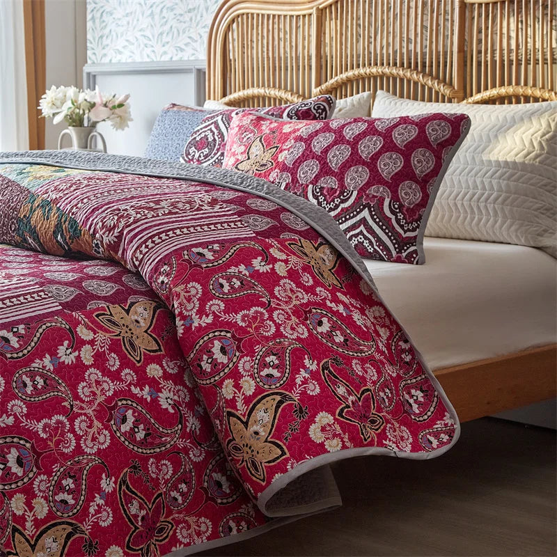 Boho Floral Patchwork Bettdecken-Set – Reversible Soft Bedding für Alle Jahreszeiten, Farmhouse & Garten Stil