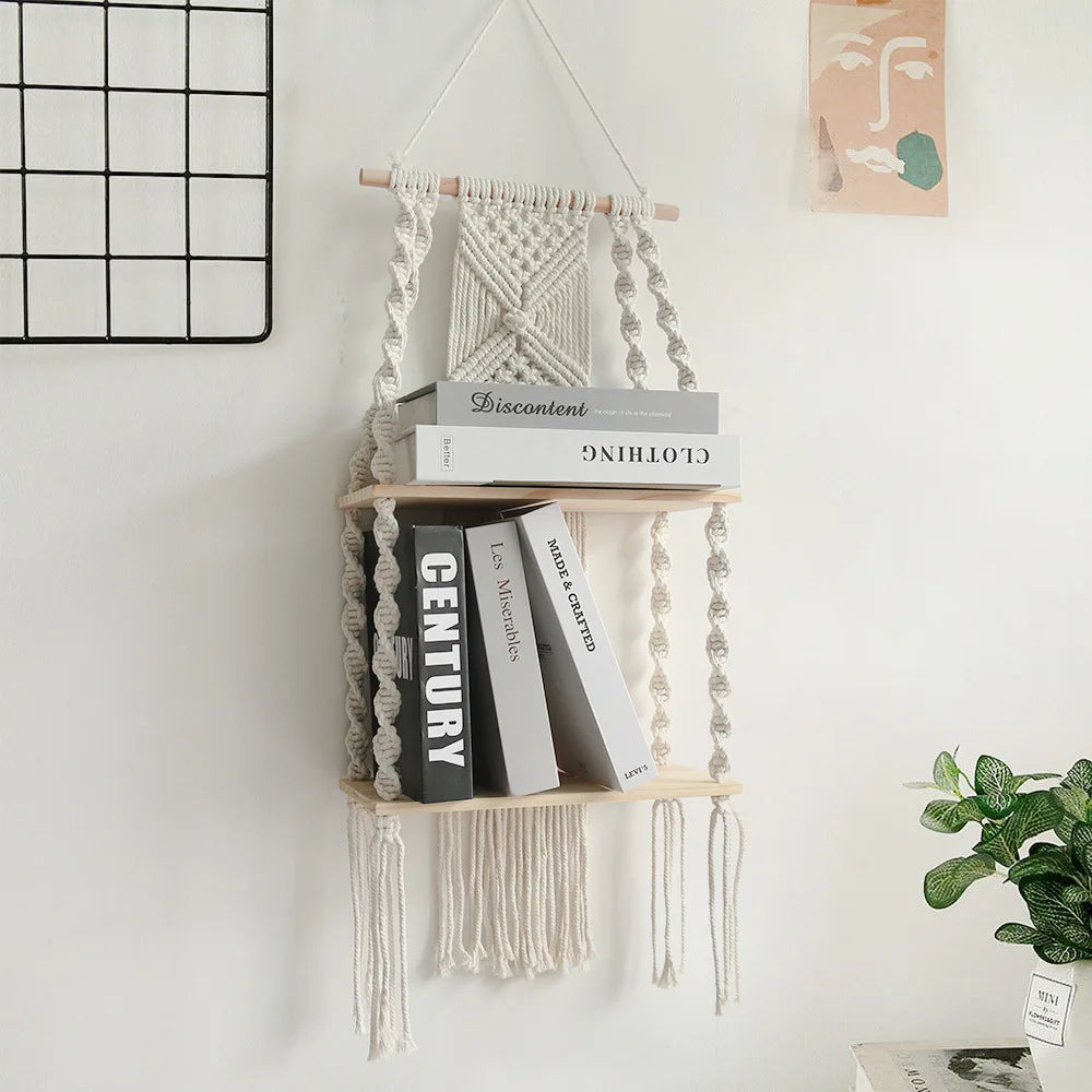 Macrame Wandregal im Boho-Stil – Dekoratives Holzregal für Pflanzen & Wohnaccessoires