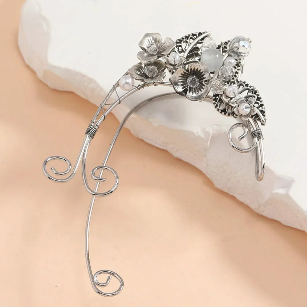 Elegante Vintage Elf Ohrclips mit Blatt- und Blumenmuster – Aluminium Draht, Kein Piercing erforderlich, für Frauen Cosplay Schmuck