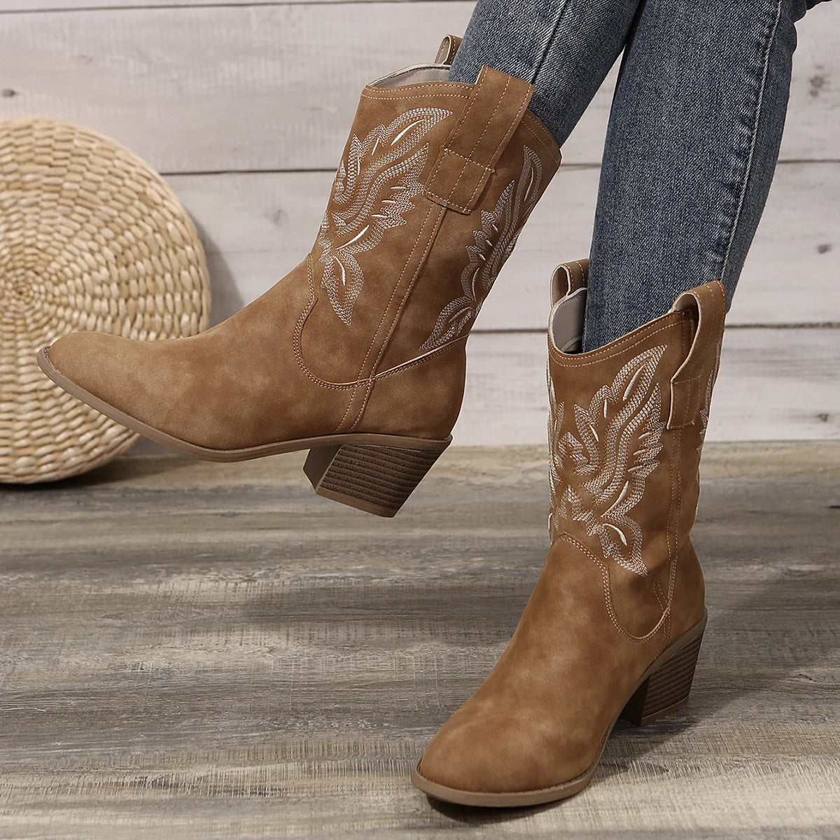 Bestickte Western Cowboy Boots für Frauen – Herbstmode mit Spitzem Zeh, Dickem Absatz und Hohem Schaft