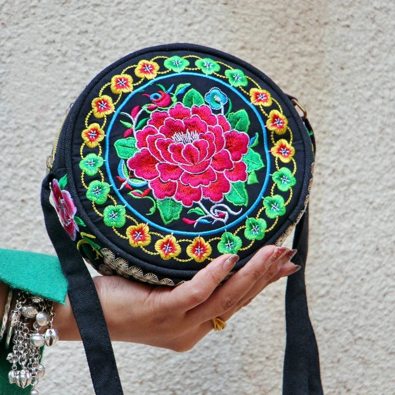 Vintage Boho Ethno Stickerei Rundtasche – Kleine Damen Umhängetasche