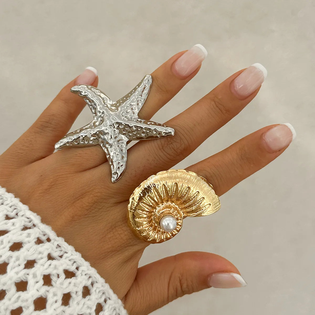 Exaggerierter Großer Goldfarbener Sternfisch-Muschel-Ring – Boho Geometrischer Paar-Ring für Damen & Herren