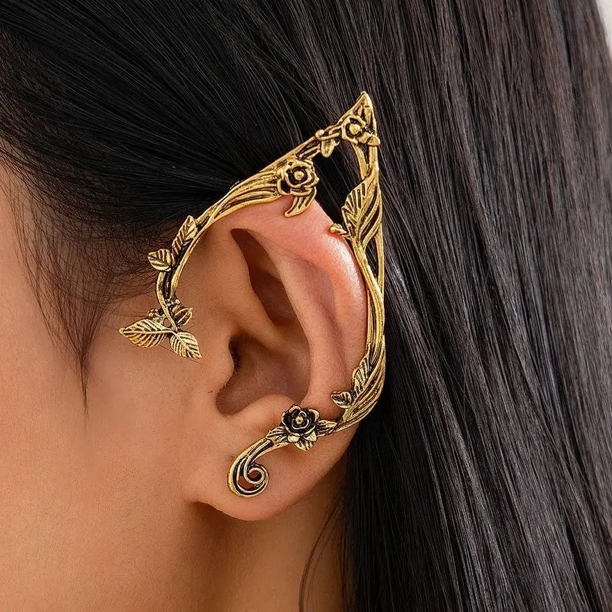 Elegante PuRui Goldene Elf Flower Leaf Ear Clip Ohrringe – Boho-inspirierte Schmuckaccessoires für Hochzeiten & Geschenke