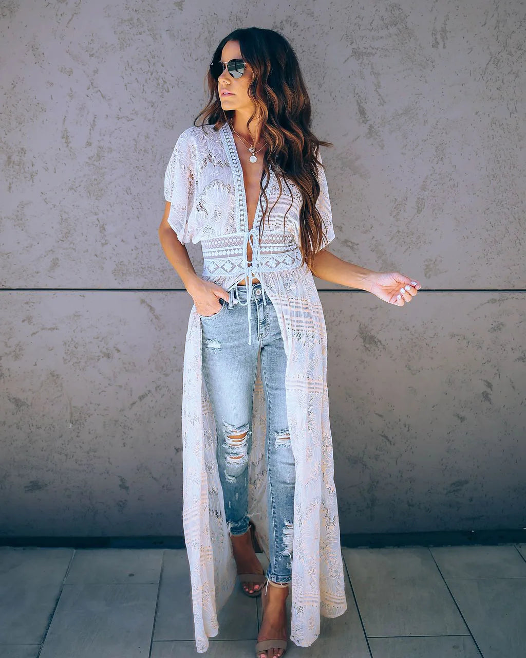TEELYNN Sexy Weißes Spitzenkleid mit Tiefem V-Ausschnitt – Vintage Boho Strandüberwurf für Damen, Sommer Kimono Kaftan