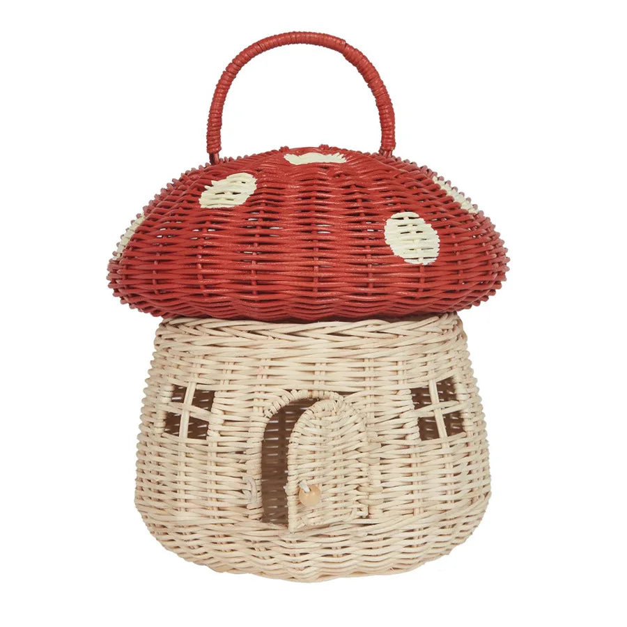 Handgefertigter Castle Mushroom Rattan Korb – Vielseitige Picknicktasche, Strandtasche und Kinderhandtasche aus Rattan