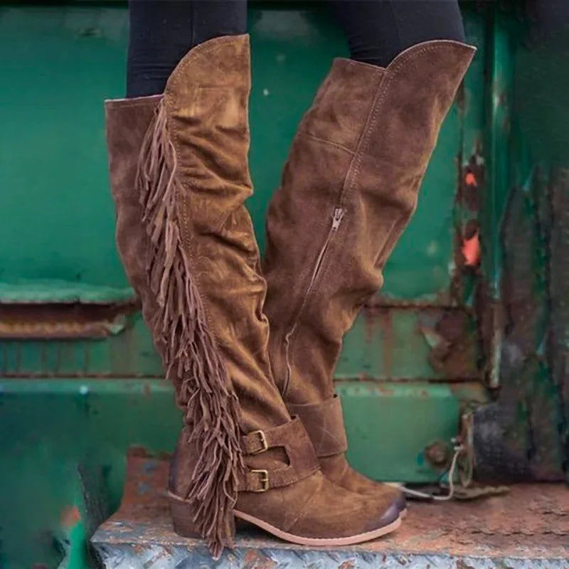 Winter Long Boots mit dicken Absätzen und langen Fransen – Große Größen für Damen