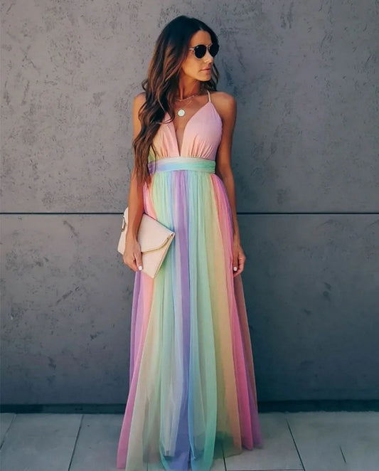 Sexy Deep V-Neck Rainbow Mesh Dress für Frauen – High Waist Sling Sommerkleid für Strand & Streetwear