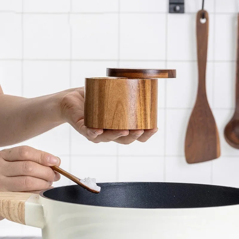 Holz-Gewürzbehälter mit Löffel und Magnetdeckel – Große Kapazität für Salz, Pfeffer und Gewürze, Drehbarer Deckel, Küchenaufbewahrung