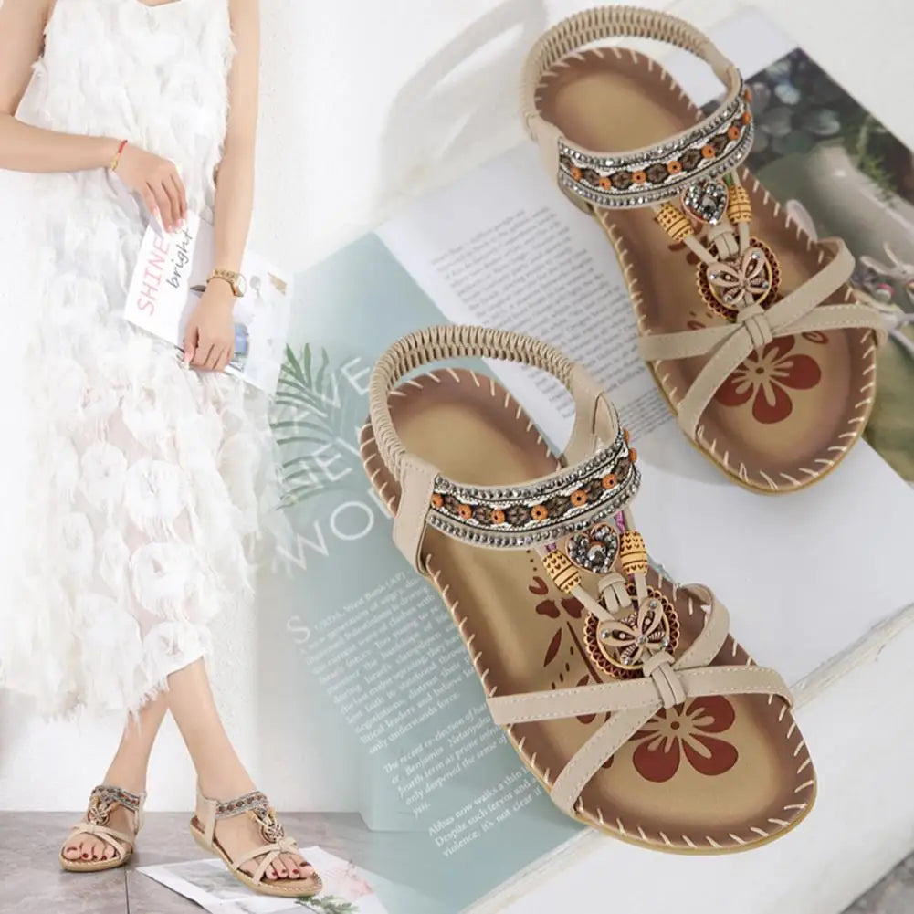 Stylische Boho-Sandalen für Damen – Atmungsaktive, Anti-Rutsch Sandalen mit Perlen und Strasssteinen für den Sommer
