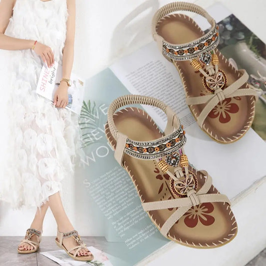 Stylische Boho-Sandalen für Damen – Atmungsaktive, Anti-Rutsch Sandalen mit Perlen und Strasssteinen für den Sommer