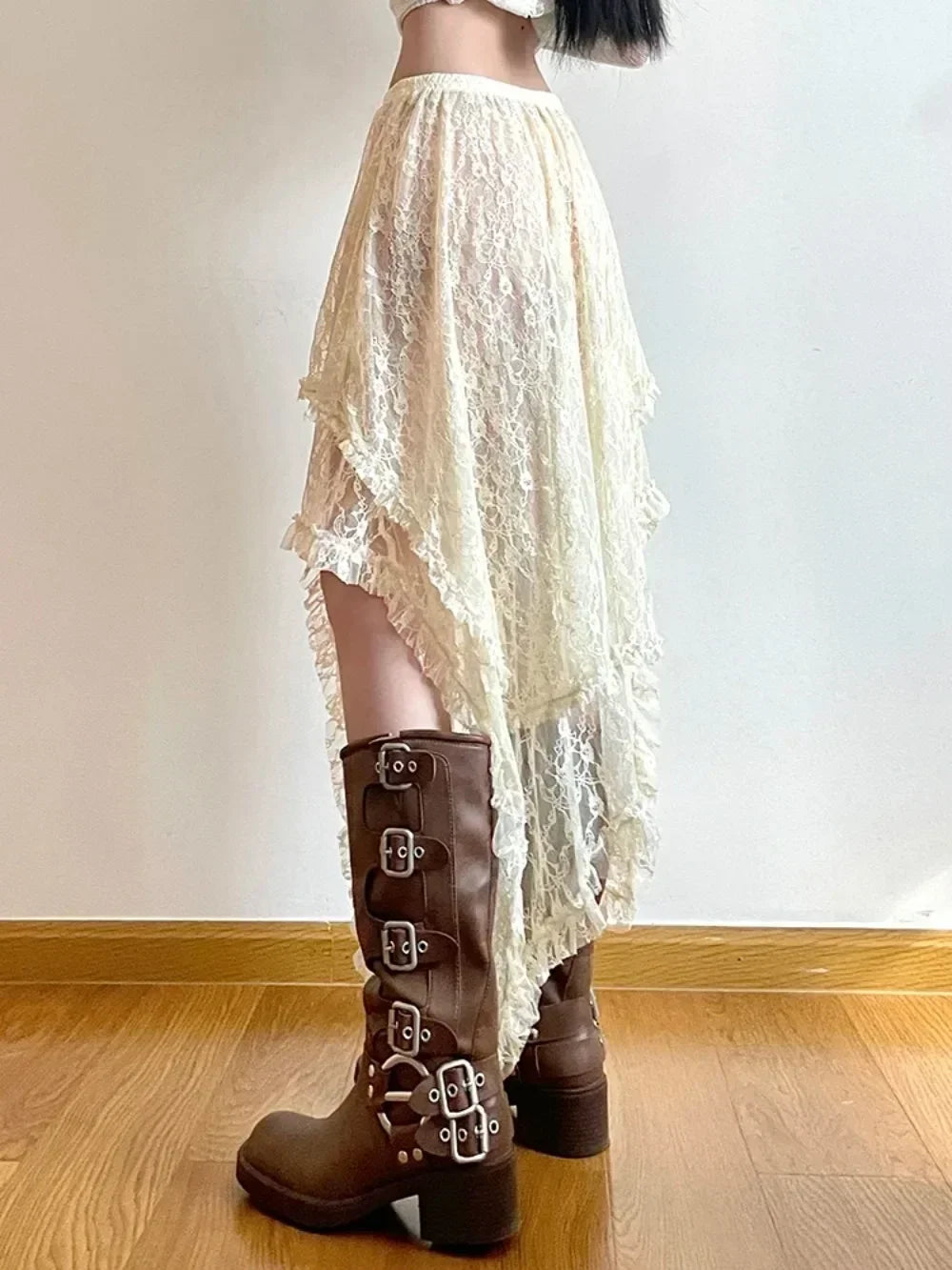 Lace Asymmetrischer Rock für Damen – Vintage Y2K Boho Ästhetik High Waist Mid Rock für Sommer-Urlaubs-Outfits