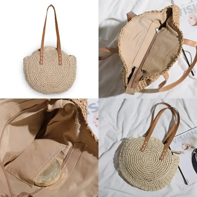 Runde Strohtasche Boho Stil – Handgefertigte Woven Schultertasche aus Rattan für Sommer & Urlaub