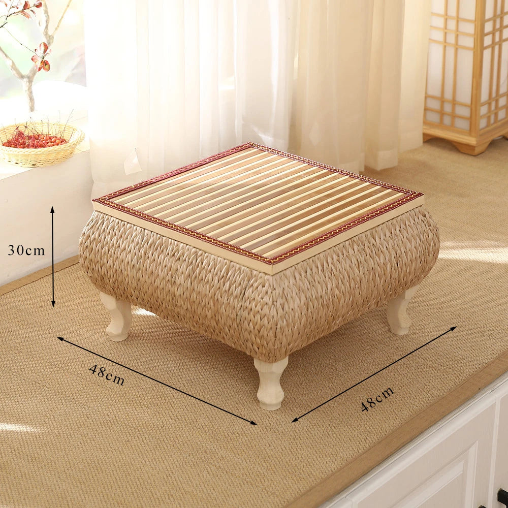 Minimalistischer Rattan-Couchtisch im Japanischen Stil mit Aufbewahrung – Schwebendes Fensterdesign aus Massivholz