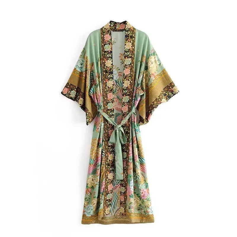 Happie Queens Bohemian Kimono Maxi Robe für Damen mit Pfauen- und Blumenprint – V-Ausschnitt, Batwing-Ärmel, Sommer-Bikini-Überwurf