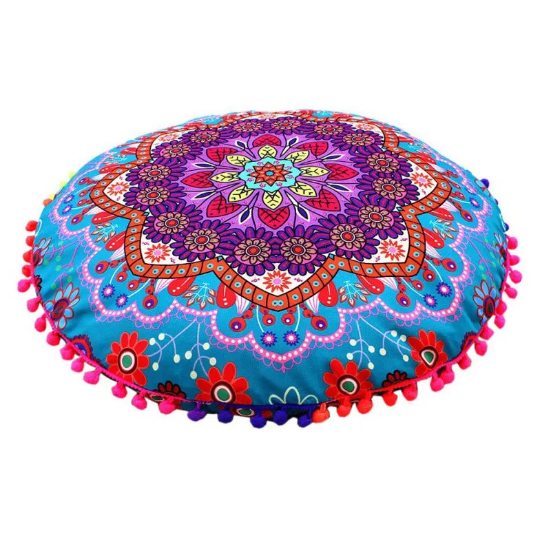 Runder Mandala Kissenbezug – Boho Stil Pouf Kissenhülle im Indianischen Design für Bodenpillow und Dekoration