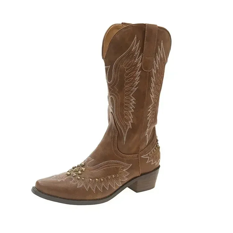 Studded Western Cowboy Boots für Damen – Herbstmode mit Reißverschluss, Besticktem Design, Spitz zulaufender Zehenform und Chunky Heel