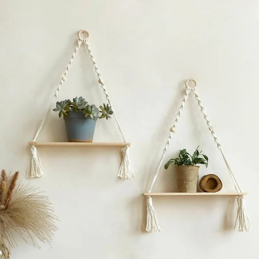 Boho Wooden Macrame Floating Shelves – Handgefertigte Wandregale im Rustikalen Stil für Pflanzen und Dekoration