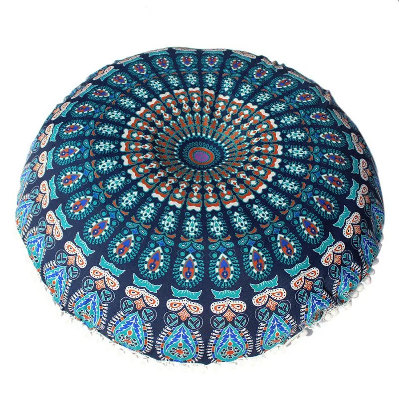 Runder Mandala Kissenbezug – Boho Stil Pouf Kissenhülle im Indianischen Design für Bodenpillow und Dekoration