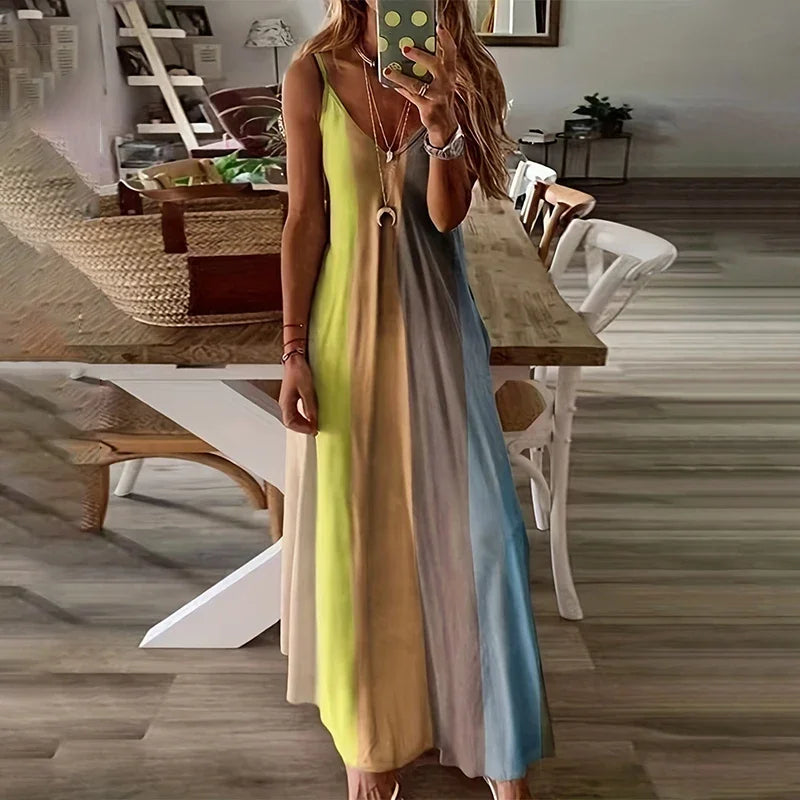 Sexy Gradient Tie-Dye V-Ausschnitt Kleid für Damen – Boho Sommer Trägerkleid, Buntes Urlaubs-Party Kleid