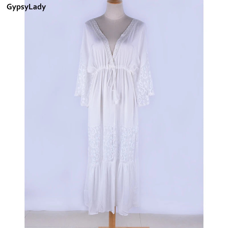 Gypsy Lady Weißes Boho Hippie Maxi Kleid – Vintage Langes Kleid für Damen, Sommerurlaub, Spitzen-Design, Sexy Strandkleid