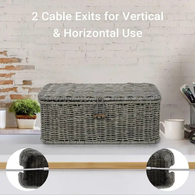 Kabel-Management-Box aus Rattan, Handgefertigter Kabelorganizer mit 2 offenen Fächern, Unter-Schreibtisch Kabelaufbewahrung
