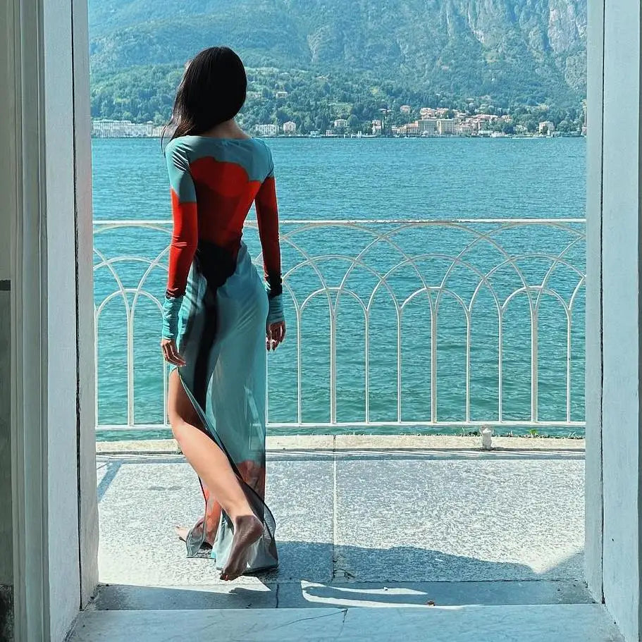 Yiiciovy Sexy Damen Slim Fit Long Beach Dress mit Blumenmuster, Seitenschlitz und Long Sleeve – Elegantes Mesh Bikini Cover-Up