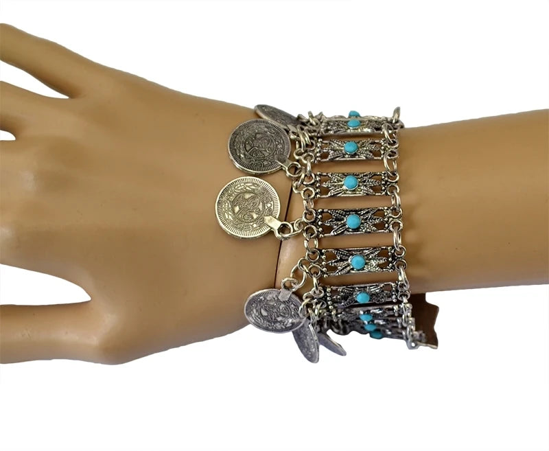Gypsy Tribal Tibetan Bracelet für Damen & Herren – Boho Vintage Silber Turquoise Elastisches Bangle – Afghanisches, Türkisches, Ethnisches Indisches Schmuckstück