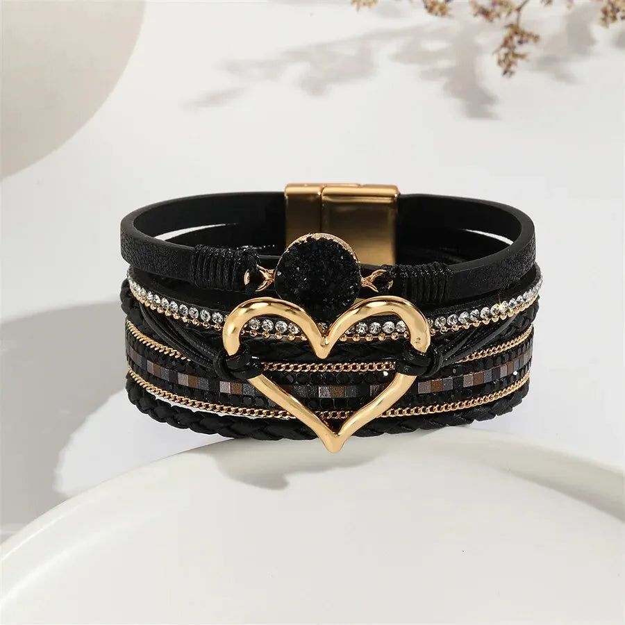 Boho-Lederarmband mit Herz-Charm – Fashion Armband für Damen mit Strass und Resin für Paare