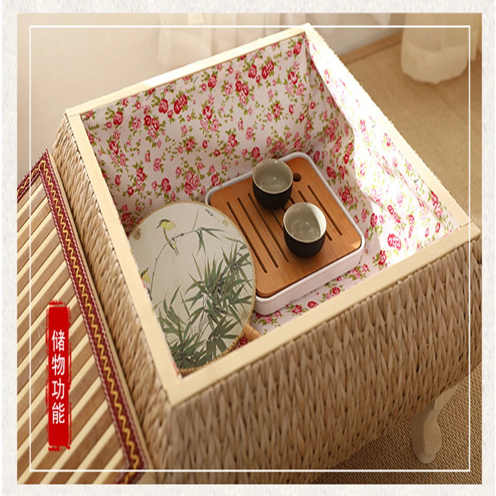 Minimalistischer Rattan-Couchtisch im Japanischen Stil mit Aufbewahrung – Schwebendes Fensterdesign aus Massivholz