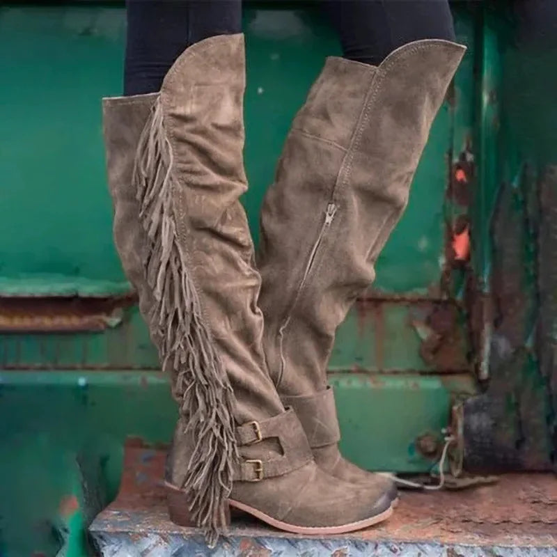 Winter Long Boots mit dicken Absätzen und langen Fransen – Große Größen für Damen