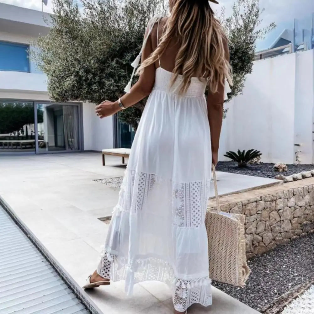 Elegantes Boho Sommerkleid mit Spitzen-Details und V-Ausschnitt – Maxi Party Kleid für Damen