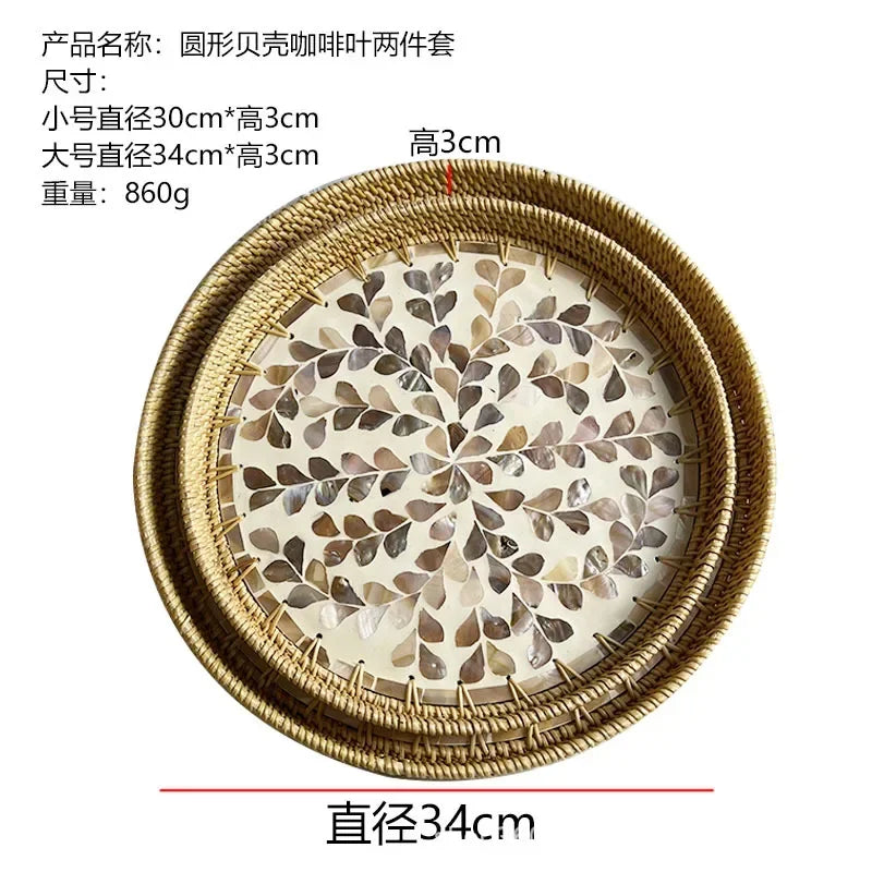 Rattan & Muschel Aufbewahrungstablett – Handgefertigt, Rund, für Wohnzimmer, Picknick und Luxus-Servierplatten